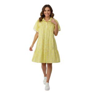 Derek Heart Yellow and White Button Down Collared Tiered Cotton Dress - Large